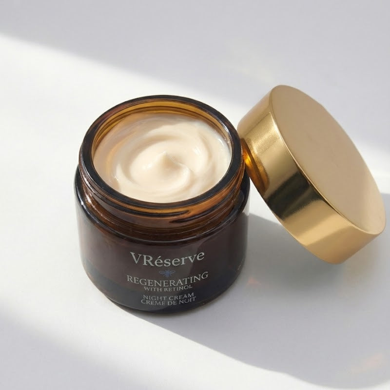 V Reserve regenerating cream jar with gold lid on a white background